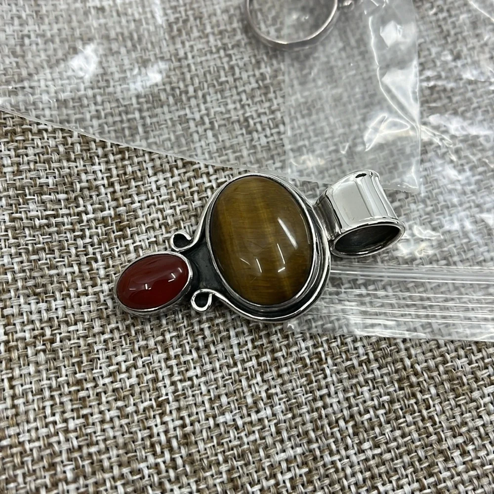 Vintage CII Mexico 925 Sterling Tiger's Eye & Carnelian Pendant Heavy 18.4g - Picture 15 of 16